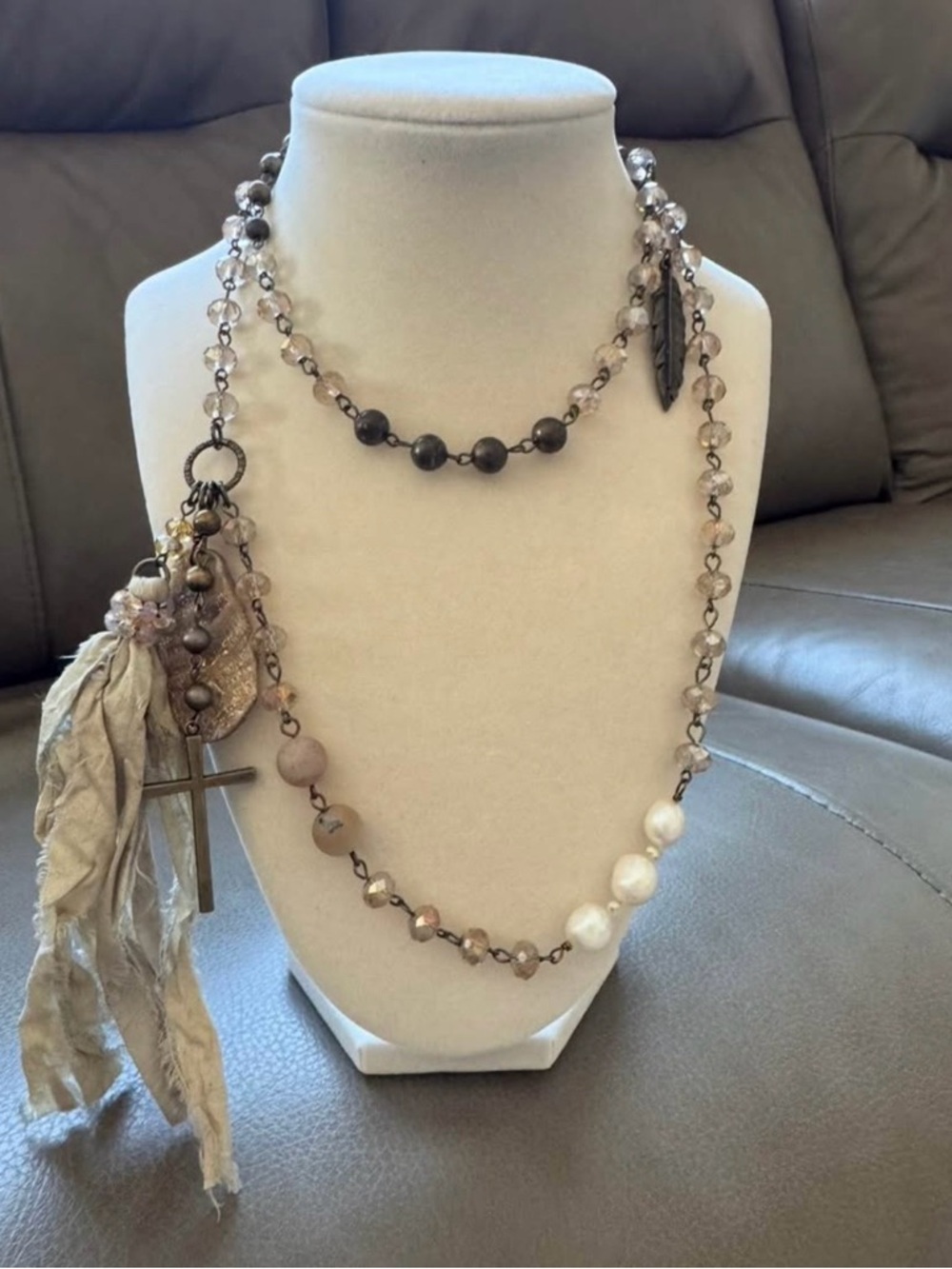 Boho Cross Charm Multi-Bead Necklace - Neutral